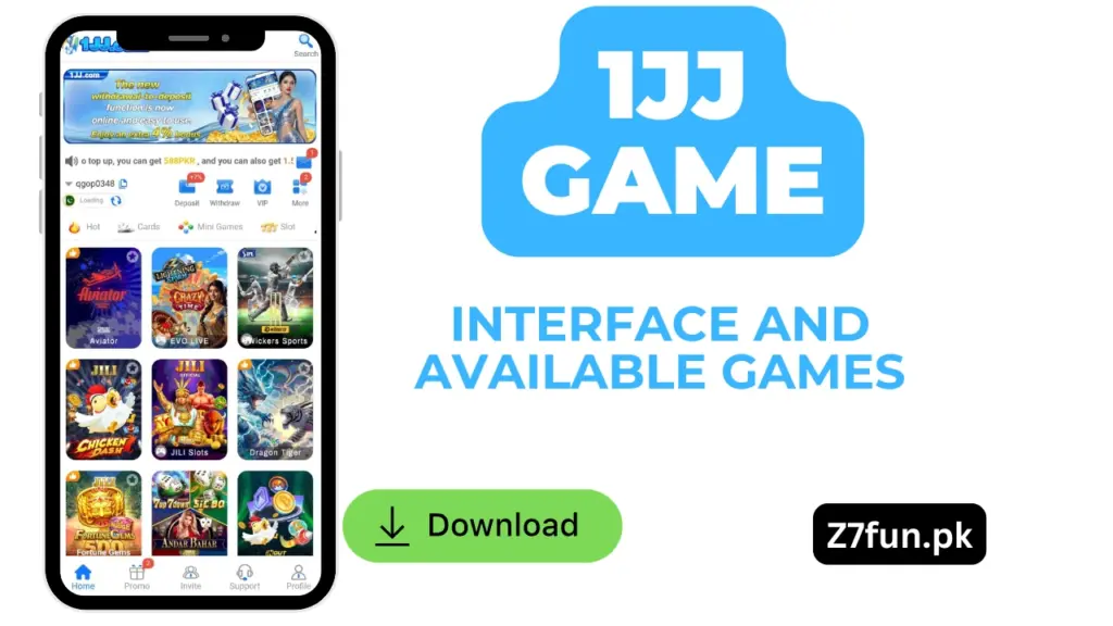 1JJ App main dashboard showing wallet balance and game categories