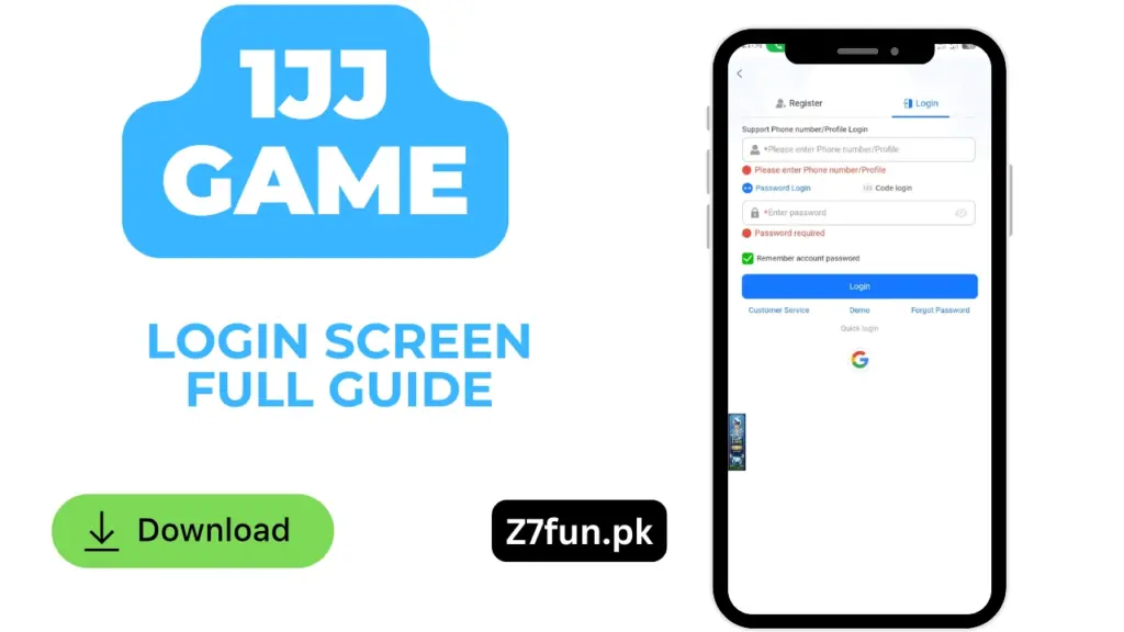 1JJ game login page on Android mobile phone
