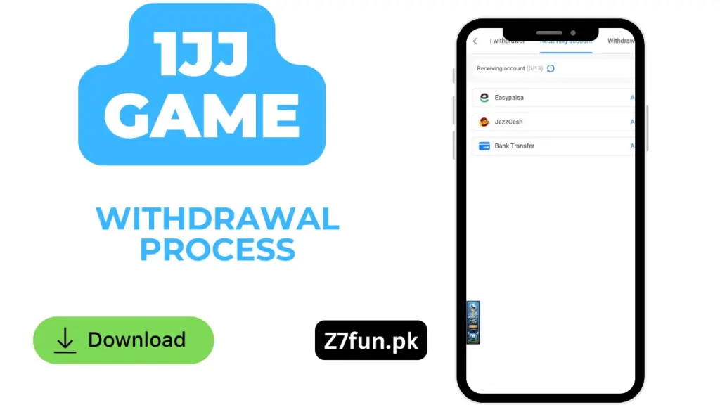 1JJ game withdrawal screen with JazzCash and EasyPaisa options