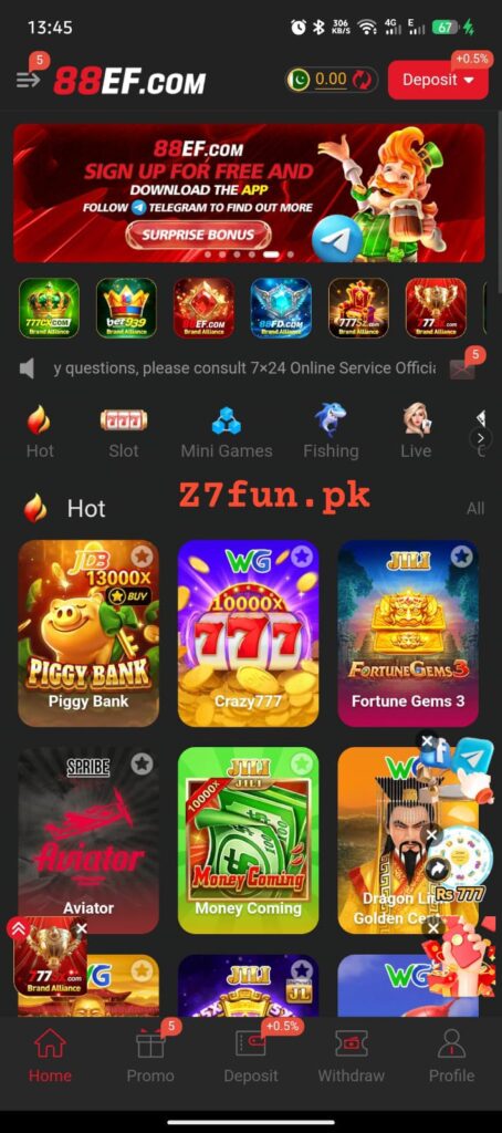 88EF game lobby showing slots fishing and card games on Android