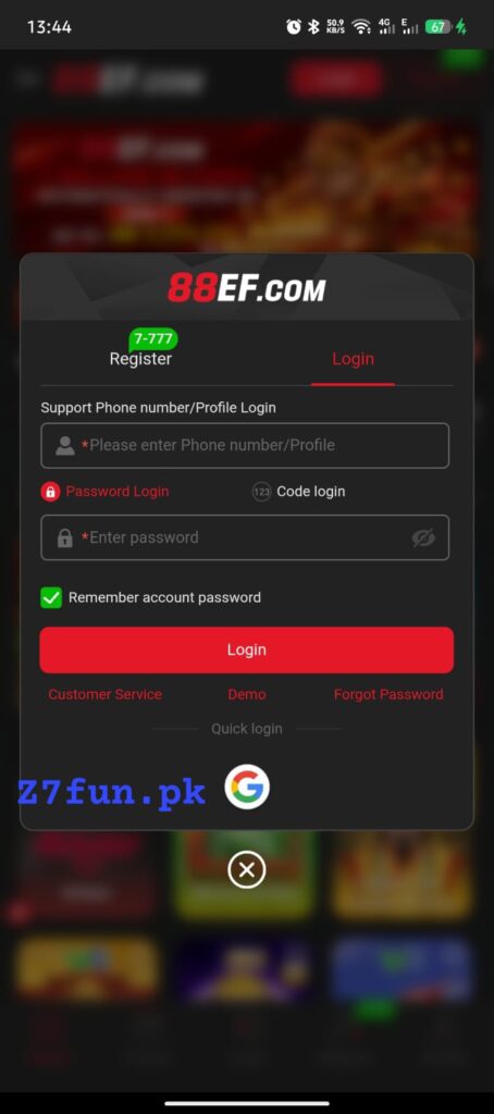88ef login and registration screen with mobile number entry