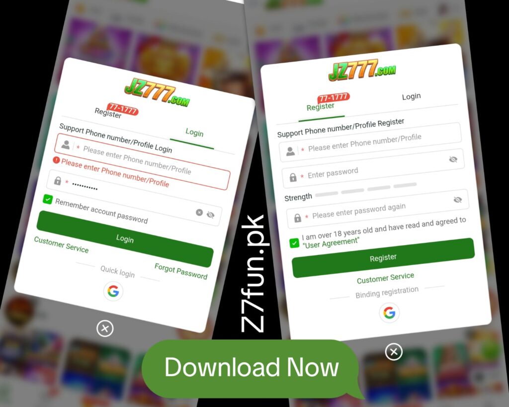 JZ777 login and register page on mobile