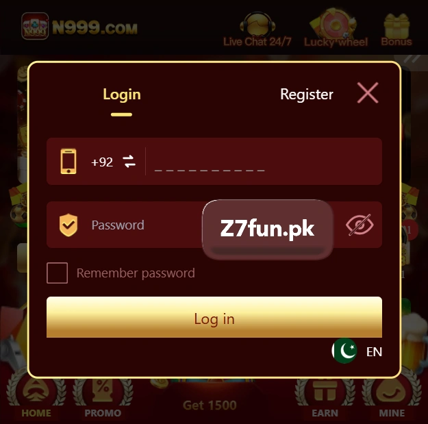 N999 game login screen on Android mobile phone Pakistan