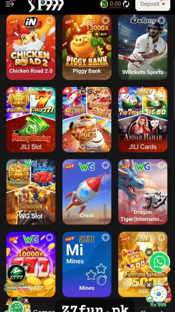 P999 game interface showing main dashboard for Pakistani players