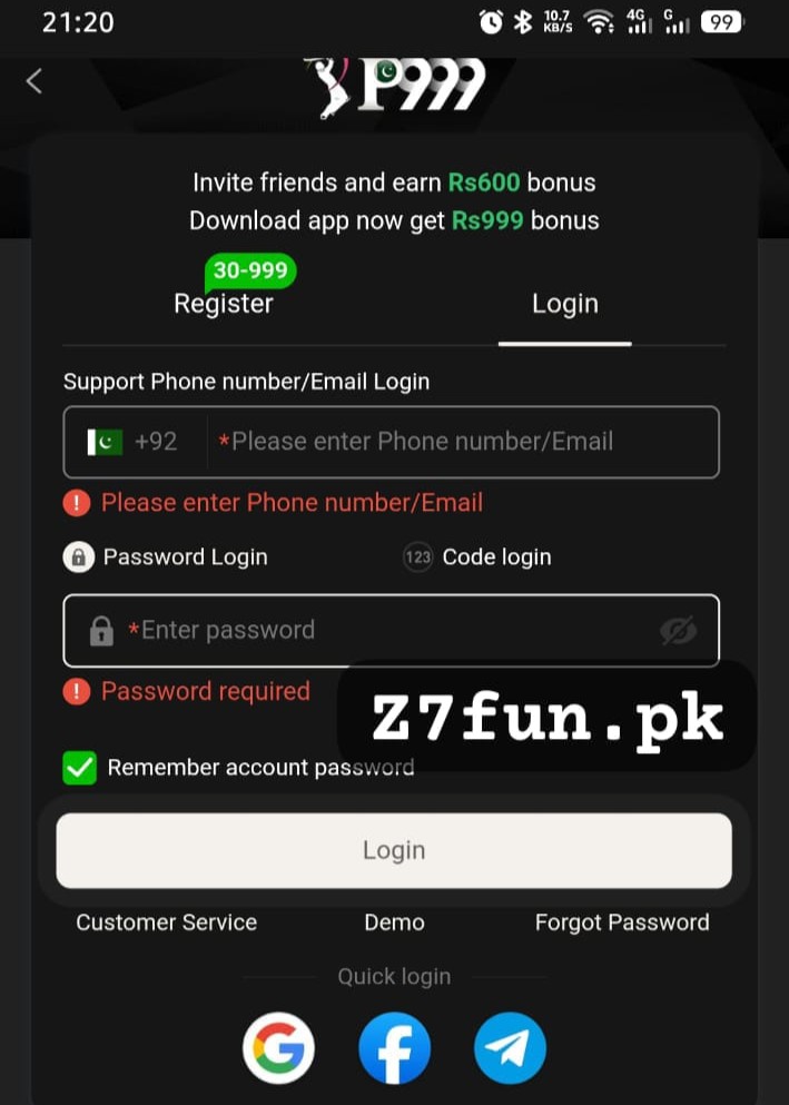 P999 game login screen enter mobile number and password Pakistan
