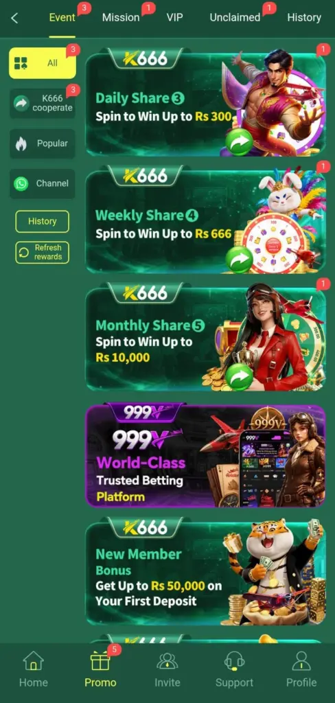K666 Game Login Bonuses